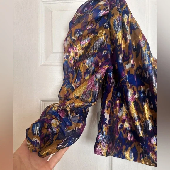 Mango One-Shoulder Fitted Blue, Purple and Gold Party Blouse - Picture 6 of 11